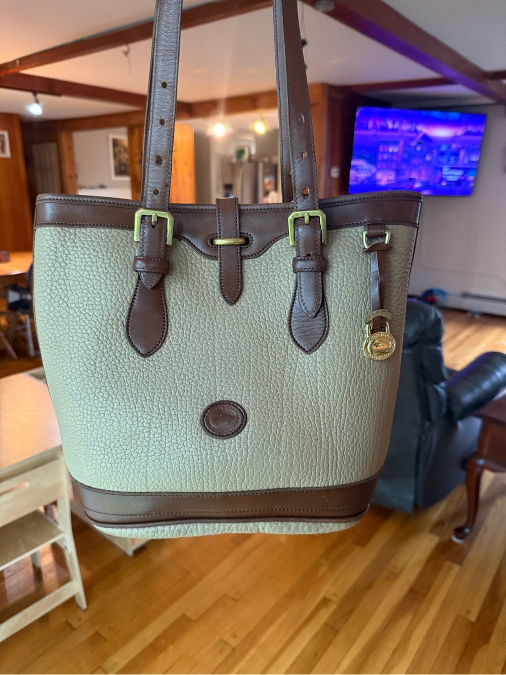 Dooney & Bourke Cream Pebbled Leather Tote with Brown Trim